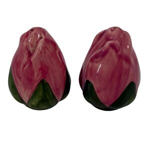 Vintage Pink Rosebud Ceramic Salt and Pepper Shakers Set 2 Floral